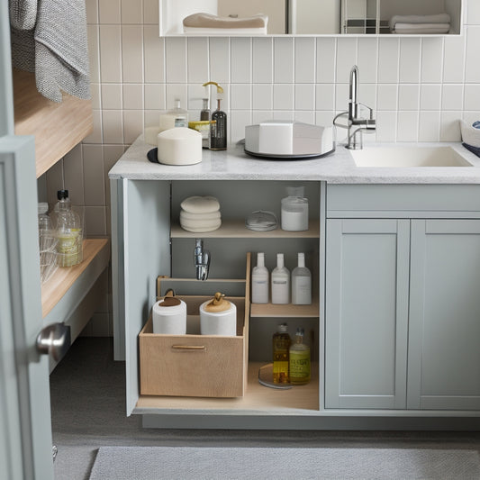 A clutter-free under-sink area with a slide-out drawer, a turntable for easy access, and a pedestal organizer with baskets and a built-in soap dispenser in a modern, light-gray cabinet.