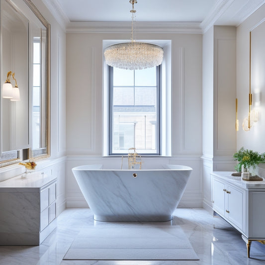 A minimalist bathroom with a freestanding tub, surrounded by sleek, floor-to-ceiling marble tiles, and a modern chandelier above, reflecting off a large, wall-mounted mirror.
