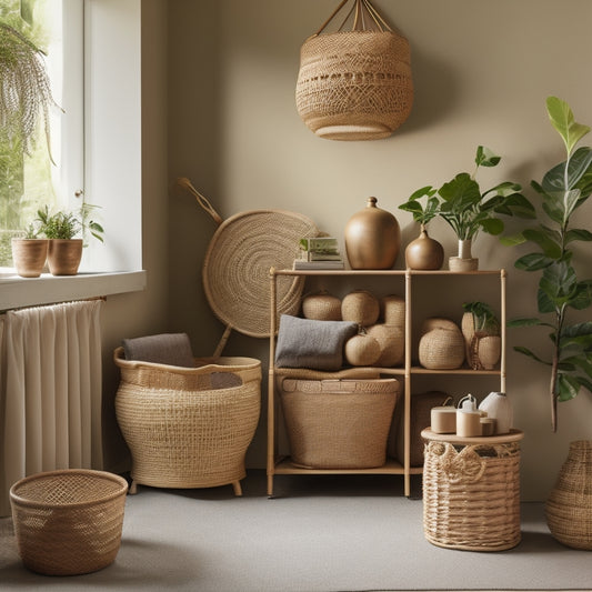 A serene, minimalist room with a natural color palette, featuring a rattan basket storage system: woven baskets of varying sizes, some stacked, some hung on walls, all filled with neatly organized items, amidst lush greenery.