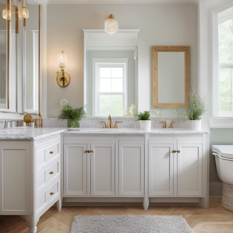 A serene bathroom scene featuring three white wall-mounted vanities with varying styles: a modern floating cabinet, a traditional ornate design, and a sleek minimalist unit with a vessel sink.