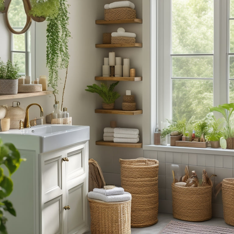 A serene bathroom with a mix of open shelving, woven baskets, and glass jars storing toiletries, towels, and decorative items, surrounded by lush greenery and natural light.