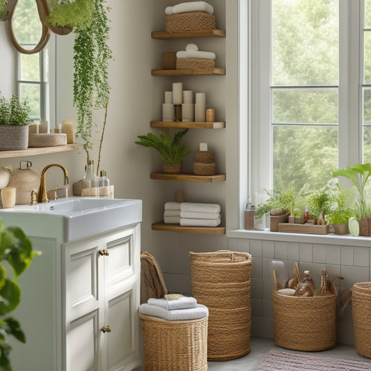 A serene bathroom with a mix of open shelving, woven baskets, and glass jars storing toiletries, towels, and decorative items, surrounded by lush greenery and natural light.