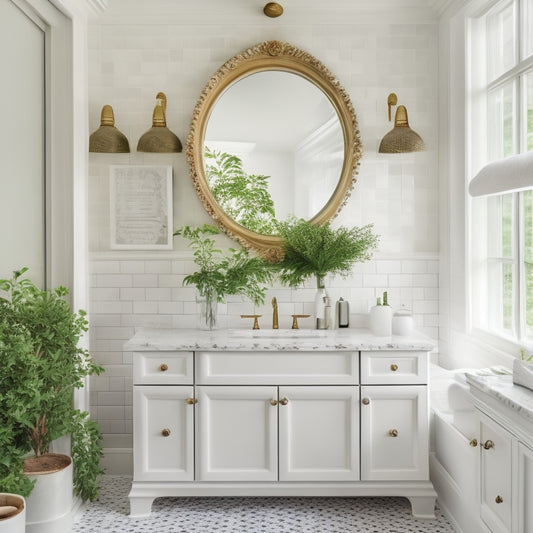 A beautifully styled white bathroom with a large, ornate mirror above a sleek, wall-mounted medicine cabinet, surrounded by crisp white tile, soft lighting, and lush greenery.