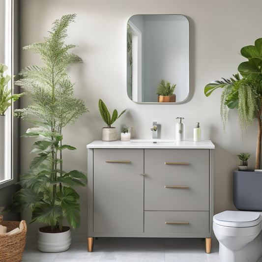 A serene, well-organized bathroom with a minimalist aesthetic, featuring a sleek, wall-mounted cabinet, a tidy countertop with a single, elegant soap dispenser, and a few, strategically-placed, potted plants.