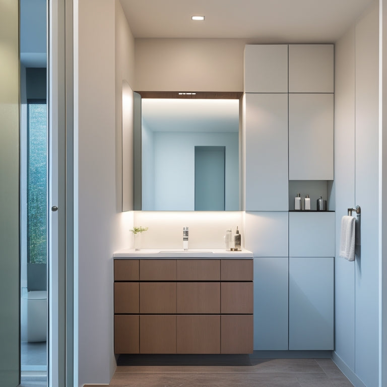 A sleek, minimalist bathroom with a wall-mounted, LED-lit cabinet above a compact sink, adjacent to a recessed medicine cabinet with a mirrored door, and a floor-to-ceiling storage tower behind a sliding glass door.