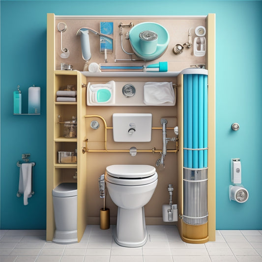 A cutaway illustration of a toilet wall with exposed pipes, showcasing a toilet's internal mechanisms, including the flapper, fill valve, and wax ring, in a clean, modern bathroom setting.