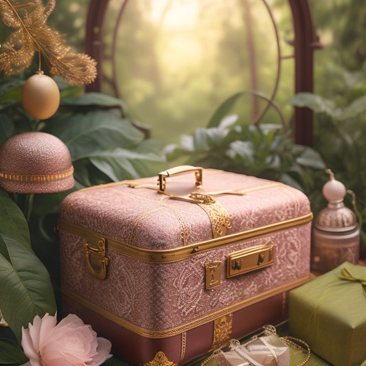 An illustration of a delicate, lace-trimmed vintage suitcase overflowing with eclectic, whimsical gifts, surrounded by lush greenery and soft, golden lighting.