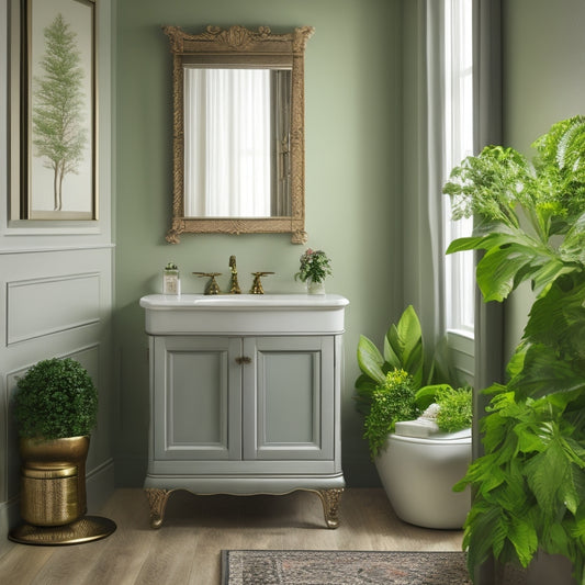 A serene bathroom interior with a sleek, wall-mounted cabinet featuring a hidden compartment, adorned with ornate hardware, surrounded by soft lighting and lush greenery.