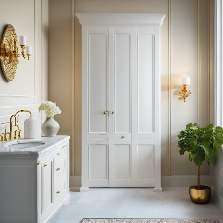 A serene, minimalist bathroom with a sleek, modern Cyprus medicine cabinet featuring ornate, hand-carved wooden doors, adorned with subtle, golden accents, set against a soft, creamy background.
