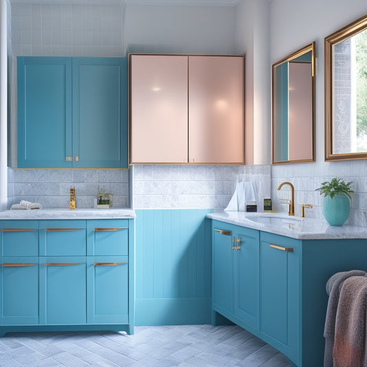A modern bathroom with three wall-mounted cabinets in distinct colours: soft mint green, rich navy blue, and warm terracotta, each with sleek gold hardware and surrounded by crisp white countertops and floors.