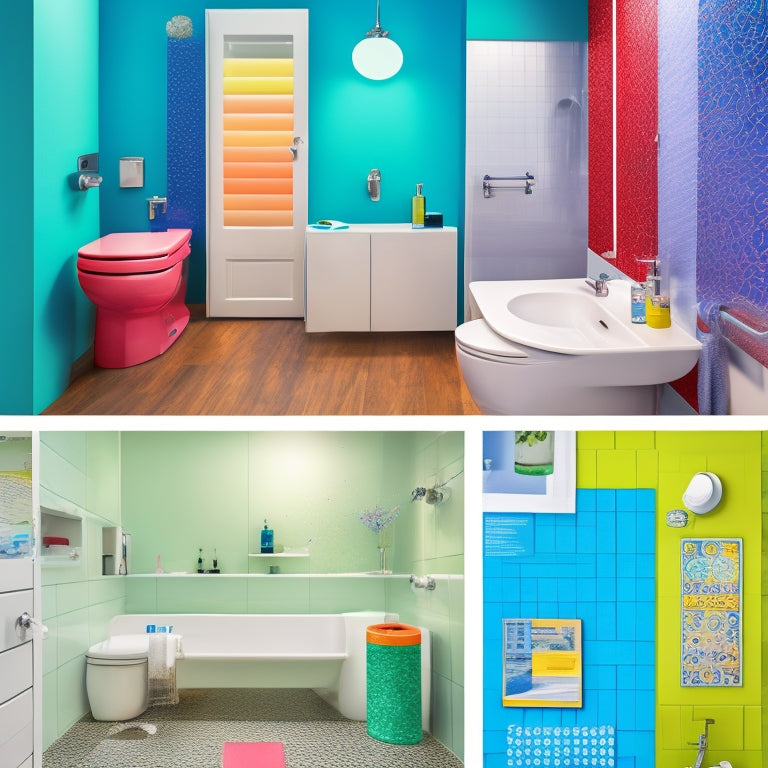 A split-screen illustration: a modern bathroom with a sink and toilet on one side, and a breakdown of cost components (e.g. labor, materials, permits) as colorful, interconnected gears on the other.