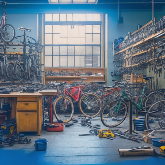 A cluttered bike workshop with multiple repair stands, tools scattered around, and various bicycles in different states of disassembly, with a prominent, central stand holding a sleek road bike.