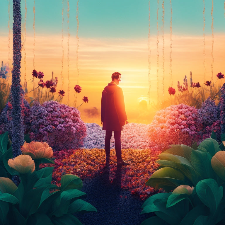 A minimalist illustration featuring a person standing in front of a blooming flower garden, surrounded by broken chains and shattered puzzle pieces, with a bright sunrise in the background.