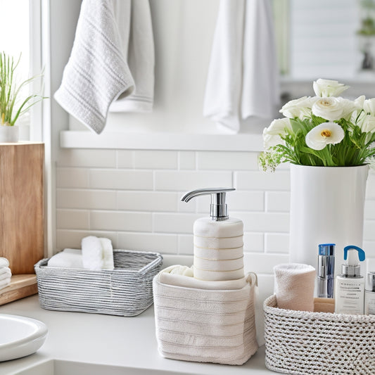 A bright, modern bathroom with a sleek, white countertop, featuring a neatly organized array of bathroom essentials, including a soap dispenser, toothbrush holder, and woven basket containing rolled towels.