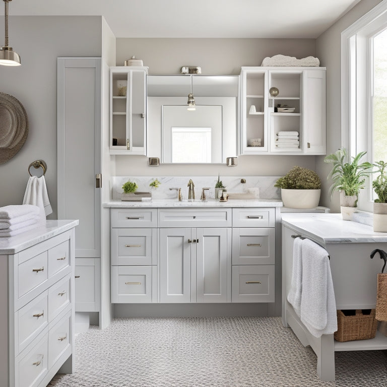 A modern bathroom with a sleek, white vanity topped with a vessel sink, surrounded by floor-to-ceiling storage units featuring open shelves, closed cabinets, and woven baskets in a calming gray and beige color scheme.