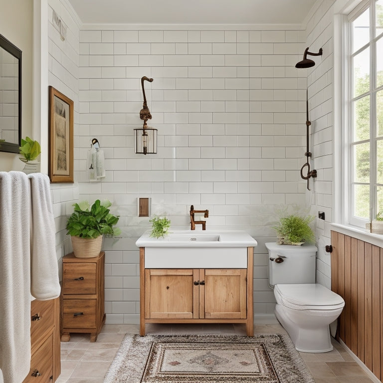 A serene bathroom with creamy white walls, dark wood cabinets, and a sleek glass shower door, featuring a refurbished vintage sink and a DIY wooden shelving unit above the toilet.