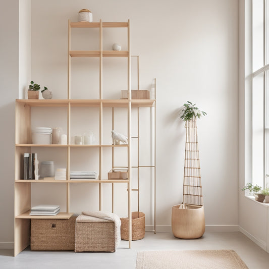 A minimalist, modern room with a sliding ladder accessing a hidden storage loft above a Murphy desk, surrounded by floor-to-ceiling shelves with baskets and woven bins, amidst a calming beige and wood tone aesthetic.