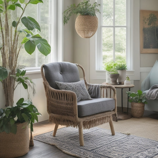 A bright, airy living room with a refurbished vintage armchair, a DIY macrame plant hanger, and a repurposed wooden crate coffee table, surrounded by lush greenery and natural light.