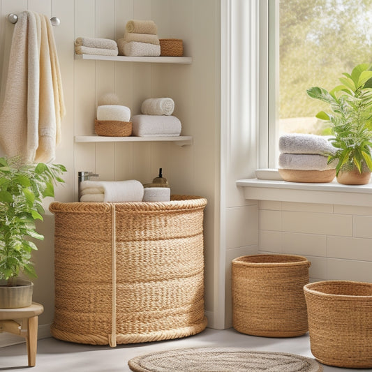 A serene bathroom with cream-colored walls, featuring a wooden storage shelf with rounded edges, holding three woven baskets, a potted plant, and a few rolled towels, against a soft, natural light background.