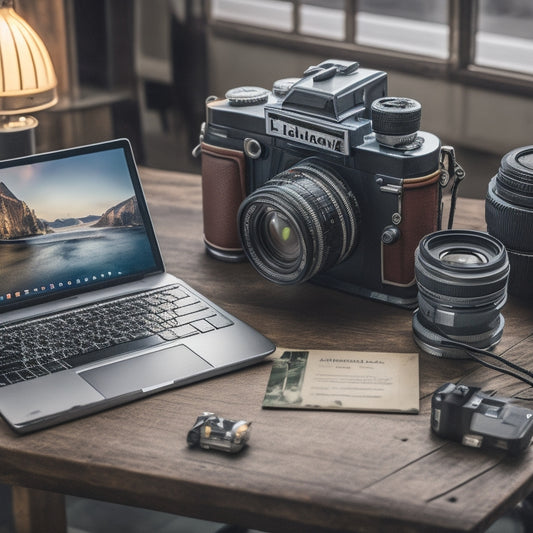 A split-screen image with a vintage film camera on a worn wooden table, surrounded by rolls of film and nostalgic photographs, next to a sleek digital camera on a modern desk, surrounded by a laptop and cables.