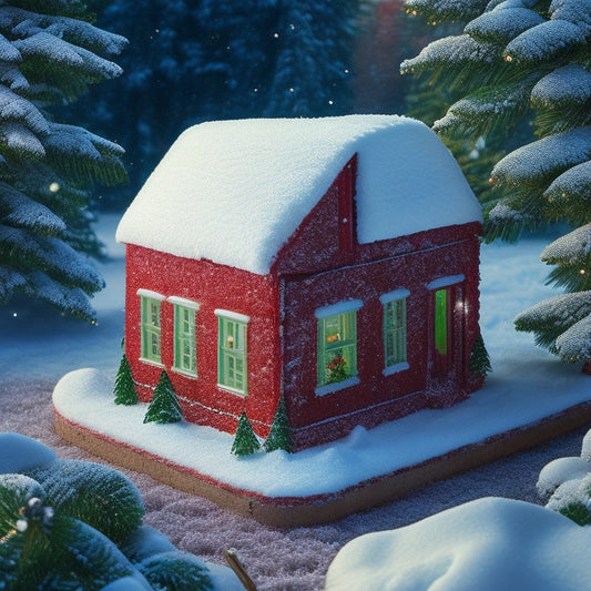 A whimsical illustration of a snow-covered cabin surrounded by snowflakes, holly, and festive ornaments, with a puzzle piece in the center, featuring jumbled letter tiles in merry red and green hues.