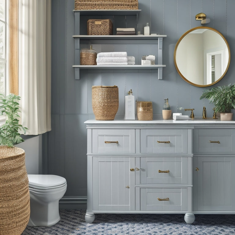 A serene bathroom with a mix of modern and traditional storage systems: a sleek wall-mounted cabinet, woven baskets, a pedestal sink with built-in shelves, and a freestanding storage tower with ornate metal details.