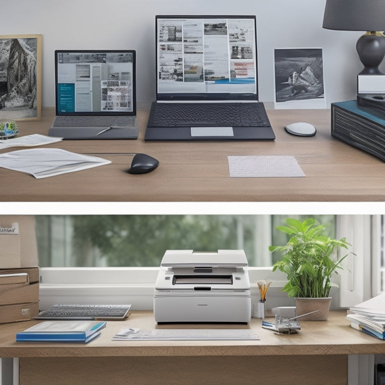 A split-screen image featuring a small, cluttered desk with a printer, scissors, and various paper sizes on one side, and a clean, organized workspace with a laptop, a resized printable, and a perfectly trimmed paper on the other.