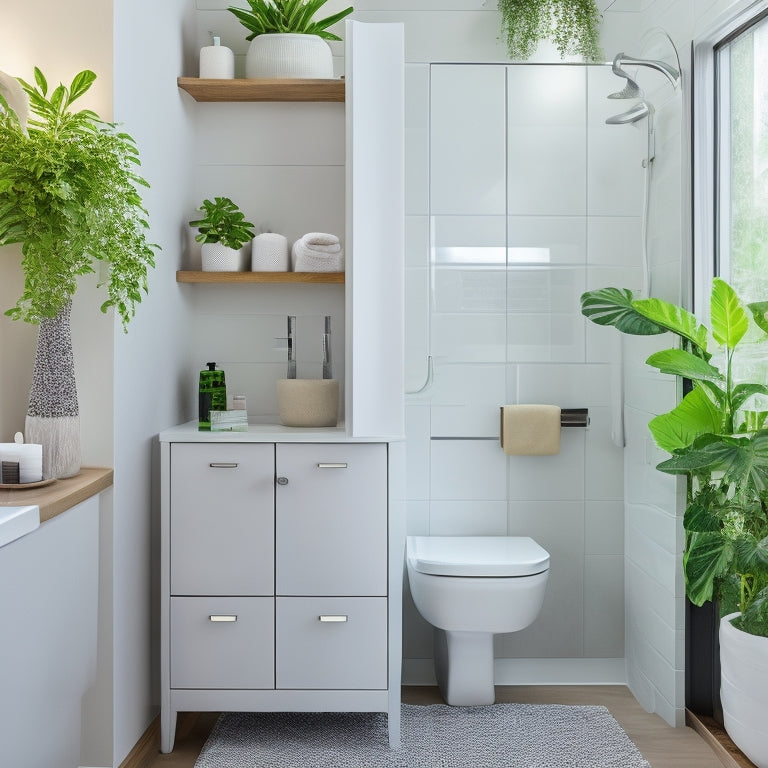 A sleek, modern small bathroom featuring a stylish waterproof cabinet storage unit, filled with neatly organized toiletries, vibrant towels, and decorative plants, all set against a serene, light-colored tiled backdrop.