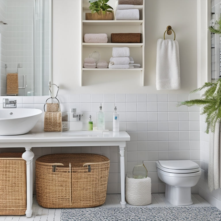 A tidy bathroom with a white countertop, a pedestal sink, and a large mirror, featuring a few decorative storage baskets, a woven toiletry holder, and a tiered shelf with neatly arranged toiletries.