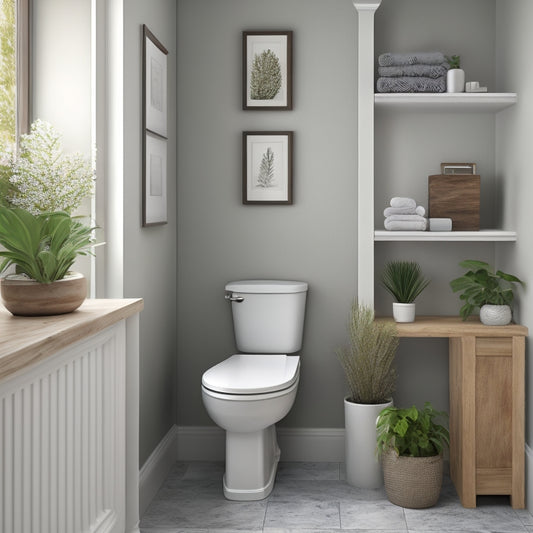 A bathroom interior with a toilet, walls painted light gray, and a wooden floor. Above the toilet, three shelves in a white finish, holding toilet paper rolls, towels, and a small potted plant.