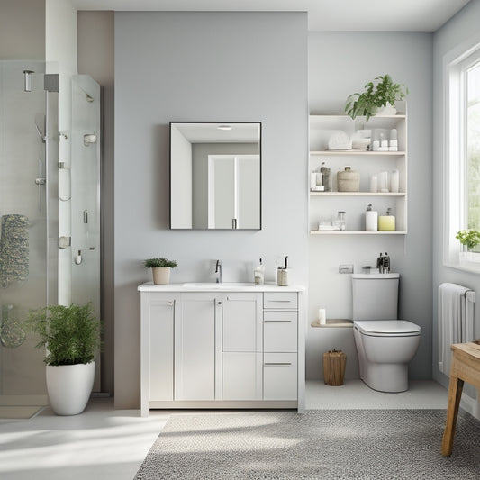 A tidy, modern bathroom with three freestanding storage units of varying sizes and styles, placed against a clean white wall, surrounded by minimal decorative elements.