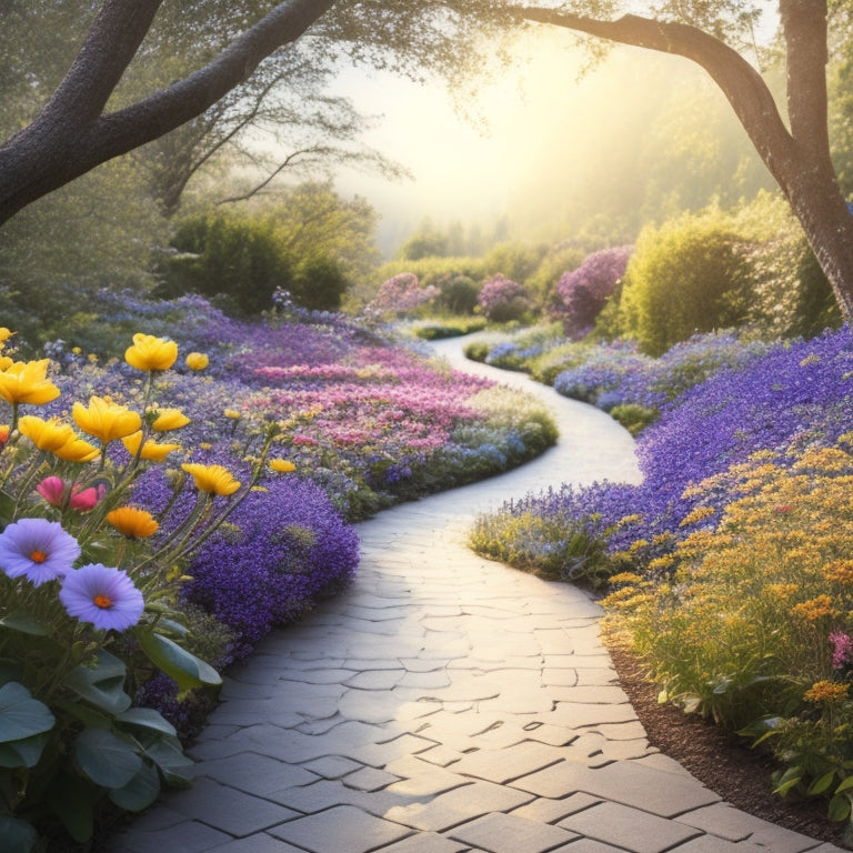 A serene, natural background with a winding path, symbolizing a caregiver's journey, intersected by puzzle pieces, with a few pieces missing, representing the complexities of dementia, surrounded by gentle, blooming flowers.