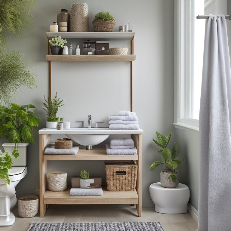 A cozy, modern bathroom featuring vertical shelving, hanging organizers, and under-sink storage. Include stylish jars, potted plants, and neatly folded towels, all showcasing efficient use of space and elegance in design.