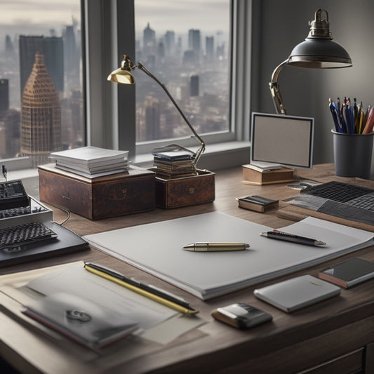 A tidy office desk with a small, open notebook, a pen lying across it, and a miniature calculator in the corner, surrounded by a few scattered pens and pencils, with a subtle background of a cityscape or a blurred office environment.