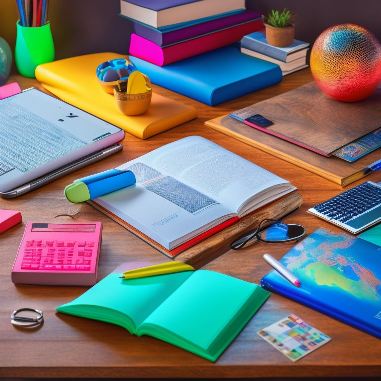 A colorful, organized desk with a laptop, tablet, and multiple educational materials like globe, calculator, pens, pencils, and a stack of books, surrounded by a subtle background of inspirational quotes.