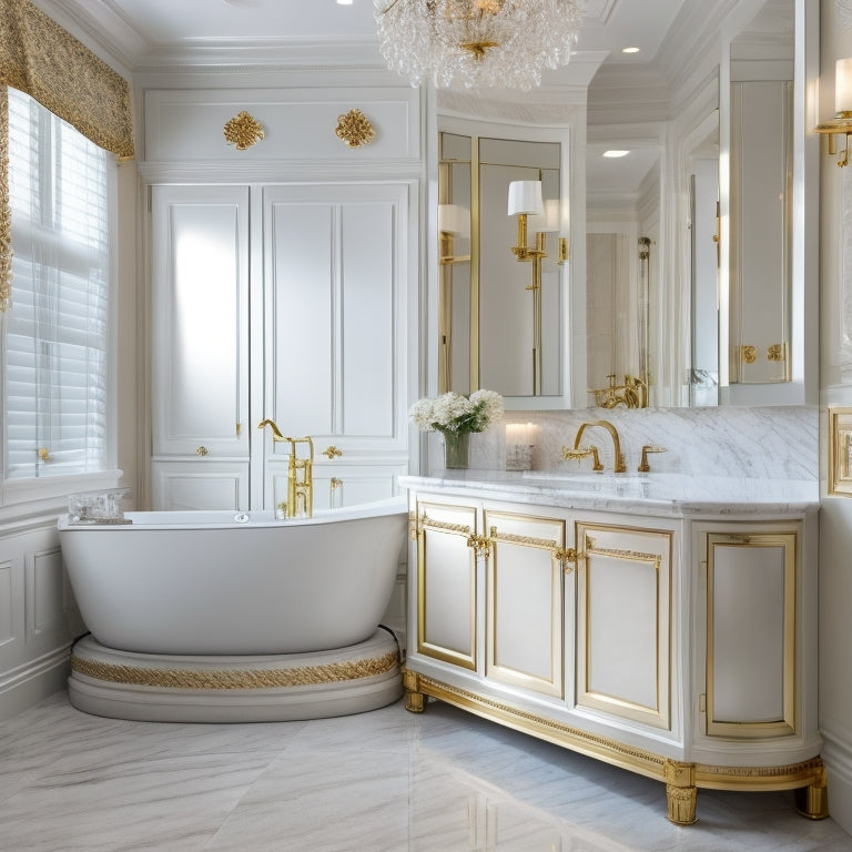 A serene, spacious bathroom with a floor-to-ceiling mirrored cabinet featuring ornate gold hardware, surrounded by marble countertops, soft LED lighting, and a freestanding tub.