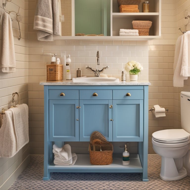 A pedestal sink with a cluttered floor and countertops, surrounded by scattered toiletries and towels, transitioning to a tidy space with installed shelves, cabinets, and baskets, showcasing organized storage solutions.