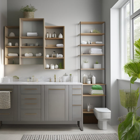 A sleek, modern bathroom with a large, wall-mounted storage unit featuring multiple shelves, cabinets, and baskets, surrounded by minimal decorative accessories and a subtle, calming color scheme.