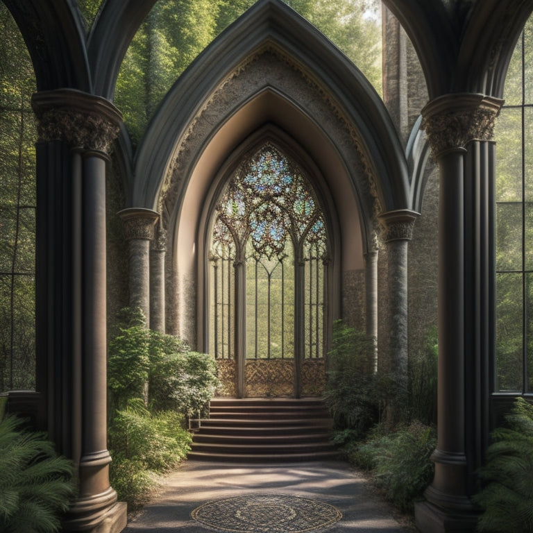 An ornate, Gothic-style historic church rectory with intricate stone carvings, stained glass windows, and a grand entrance, surrounded by lush greenery, with a subtle, glowing digital aura emanating from within.