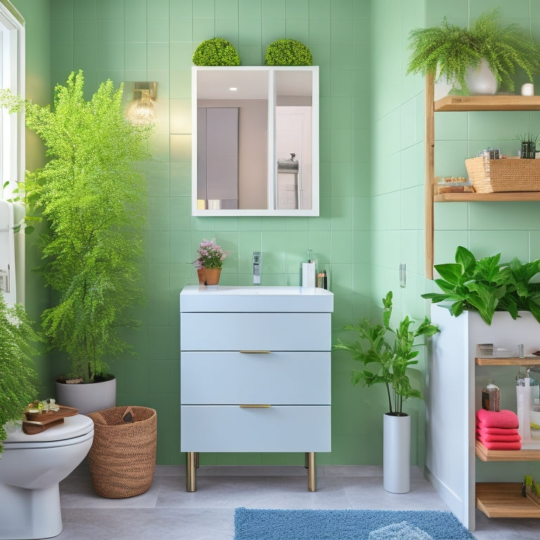 A compact bathroom featuring sleek, multi-tiered drawer systems with organized toiletries, vibrant green plants, and stylish accessories, all set against soft pastel walls and modern fixtures, maximizing space efficiency and aesthetics.