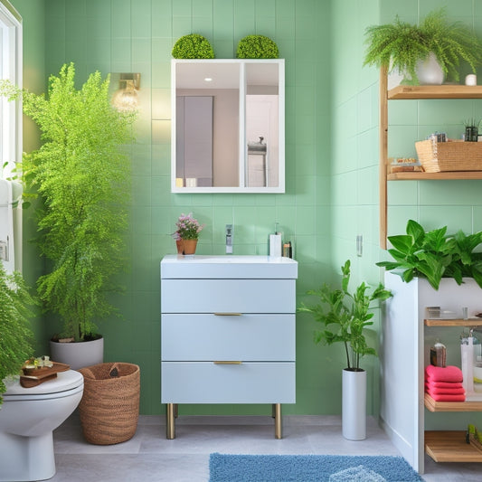 A compact bathroom featuring sleek, multi-tiered drawer systems with organized toiletries, vibrant green plants, and stylish accessories, all set against soft pastel walls and modern fixtures, maximizing space efficiency and aesthetics.