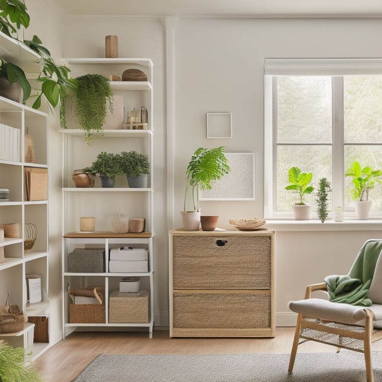 A bright, airy living room with a sleek, wall-mounted shelving unit, woven storage baskets, and a minimalist desk with a hidden drawer, surrounded by lush green plants and natural light.