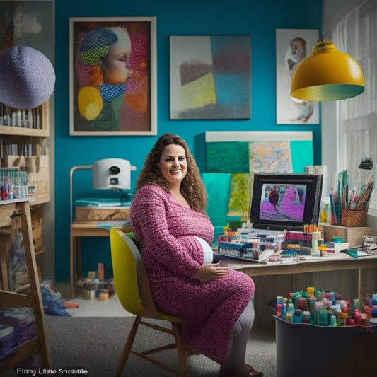 A whimsical illustration of a pregnant woman surrounded by art supplies, with a ultrasound machine in the background, and a canvas in front of her displaying a partially created, vibrant, and abstract baby artwork.