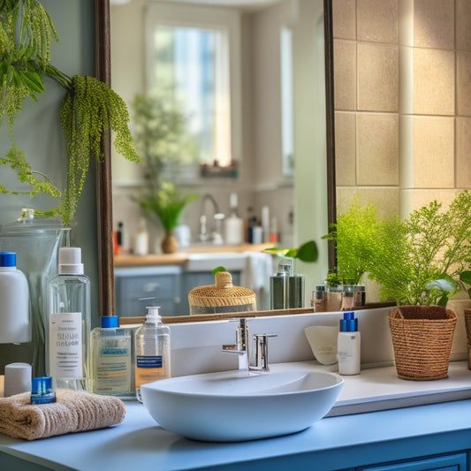 A cluttered bathroom countertop with scattered toiletries, tangled cords, and a messy makeup station, transformed into a serene space with neatly organized products, a decorative tray, and a small potted plant.