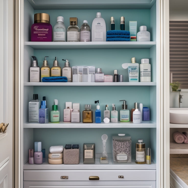 A cluttered bathroom cabinet with open doors, overflowing with toiletries, towels, and beauty products, beside a clean and organized cabinet with compartments, baskets, and a few strategically placed items.