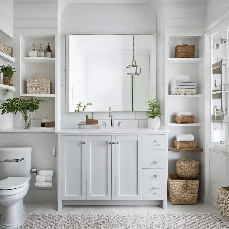 A modern bathroom with a large mirror, white cabinets, and a pedestal sink, featuring a mix of open shelves, woven baskets, and hanging storage solutions to maximize space.