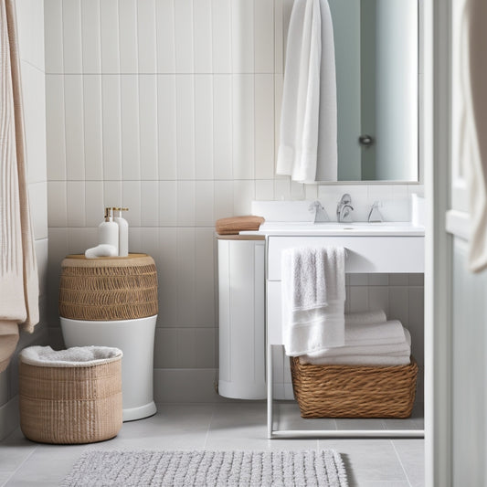 A serene, minimalist bathroom with a pedestal sink, a small, wall-mounted cabinet, and a woven storage basket on the floor, filled with rolled towels and a few decorative bottles.