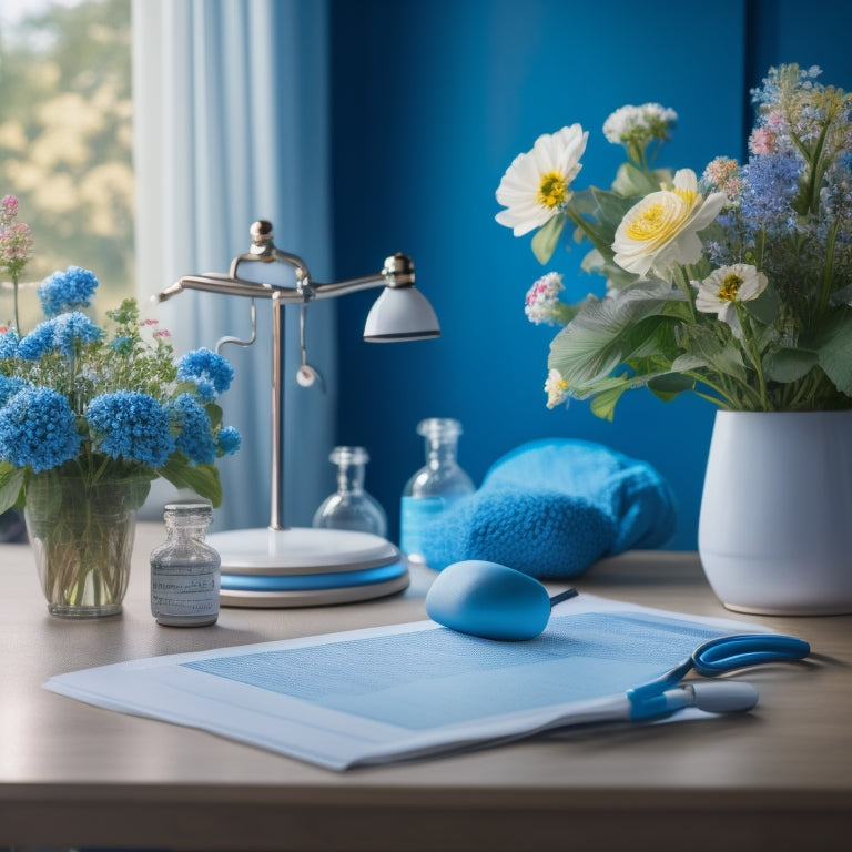 A serene hospital room background with a stethoscope, nurse's cap, and medical chart on a desk, surrounded by blooming flowers and a subtle gradient of calming blue and white hues.