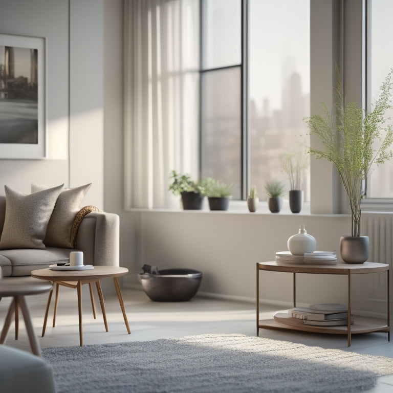 A serene, minimalist living room with a few, carefully-placed items on a sleek shelf, amidst a subtle backdrop of warm, natural light and a faint hint of a cityscape outside.