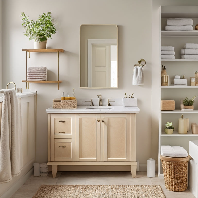 A serene bathroom with creamy white walls, warm wooden shelves, and a large mirror above a sleek vanity, showcasing various bathroom essentials, towels, and decorative items neatly organized.